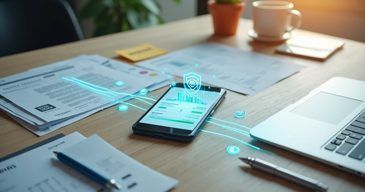 Visão superior de mesa com fluxos digitais conectando documentos fiscais e app bancário no celular 