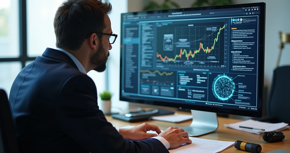 Advogado ajustando integração de dados jurídicos na tela do computador 