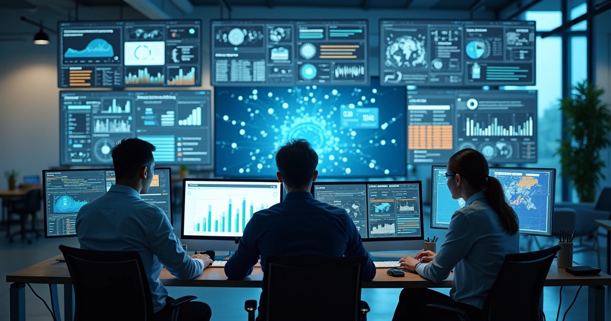 Equipe integrando diferentes fontes de dados em painéis digitais 