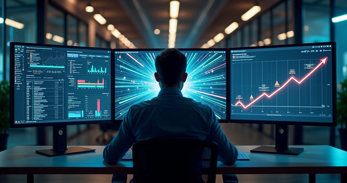 Profissional analisa painel digital com integrações de dados e gráficos de desempenho 
