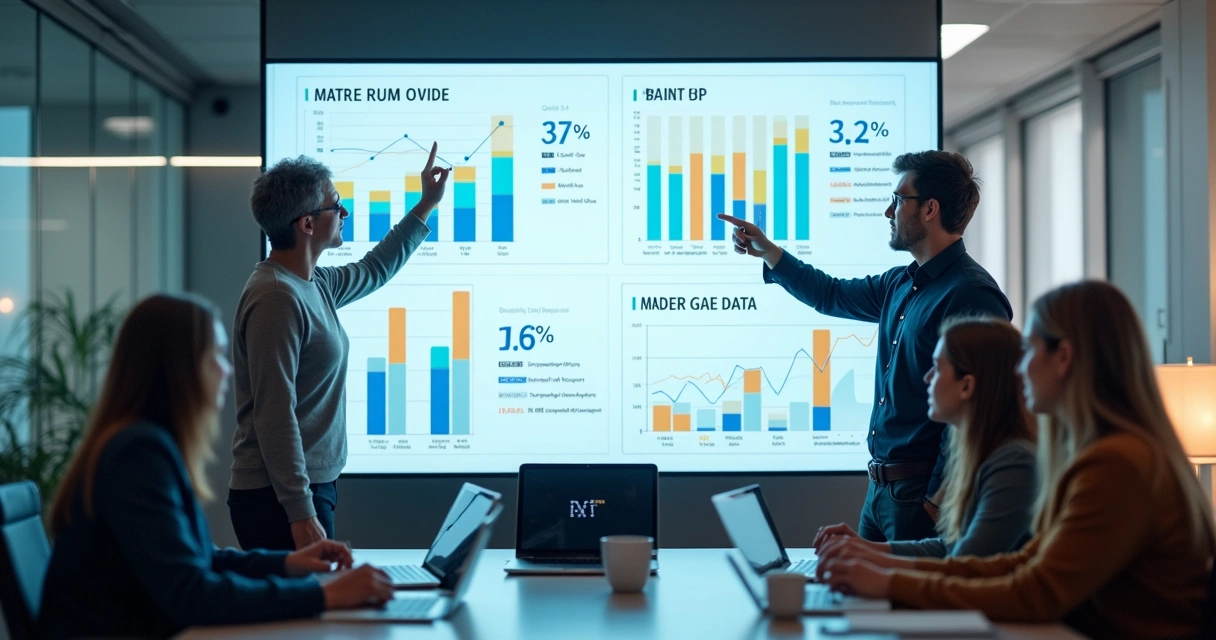 Dashboard digital com métricas de marketing e vendas integradas, equipe colaborando 