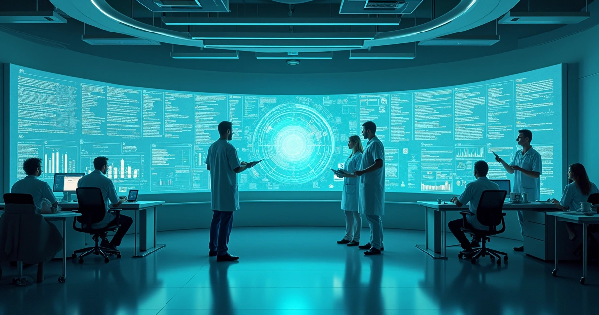Representação digital da integração de prontuário eletrônico, IA e profissionais de saúde 