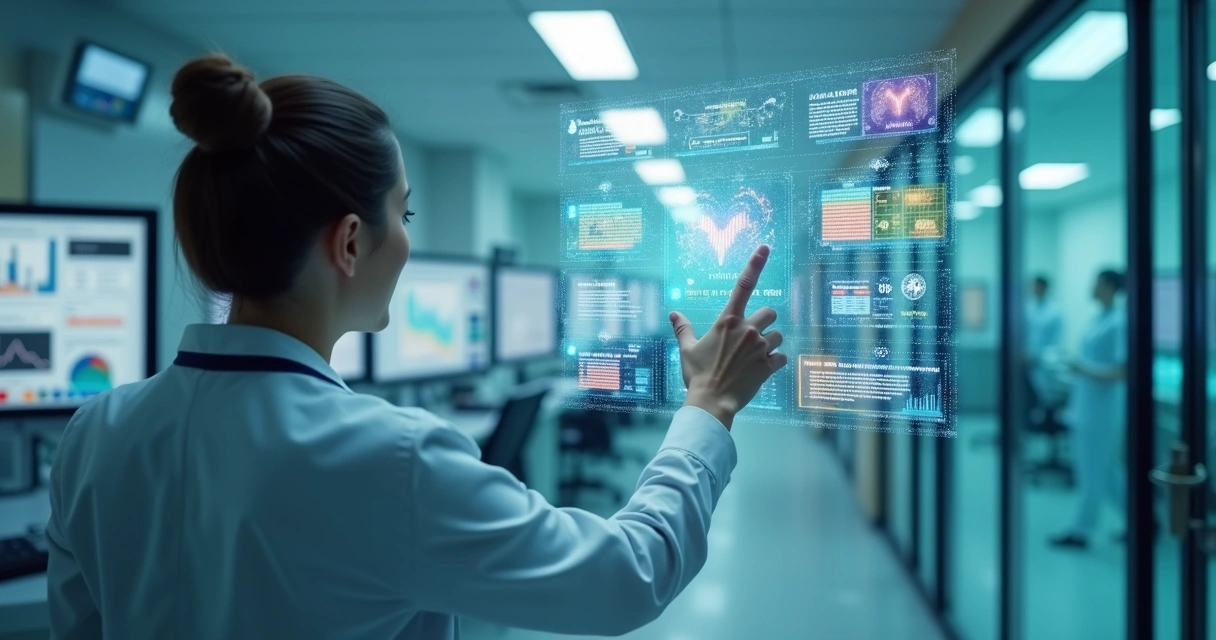 Profissional de saúde tocando painel digital com prontuários conectados 