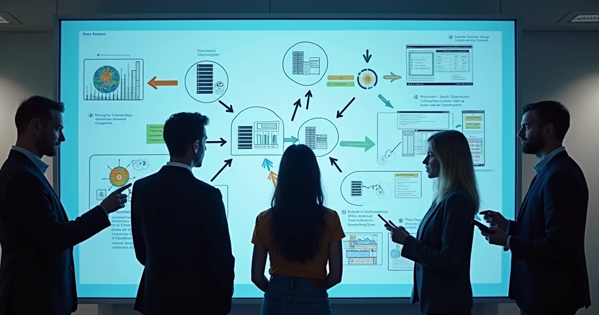 Equipe de vendas analisando integração de dados em painel digital 