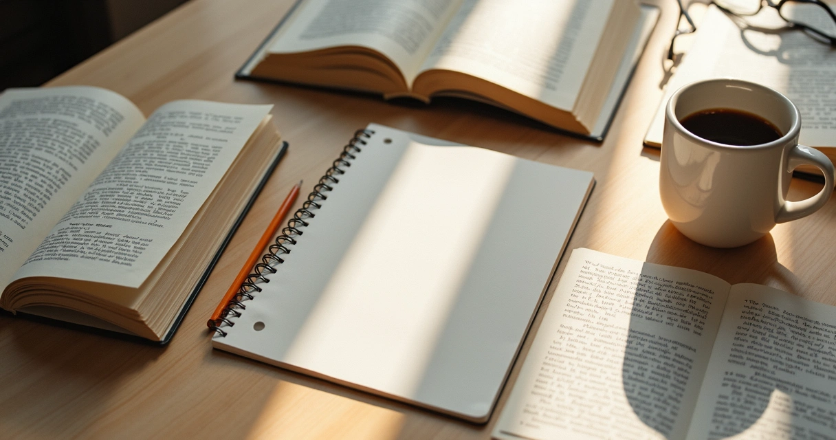 Livros abertos, bloco de notas e xícara em mesa de madeira clara 
