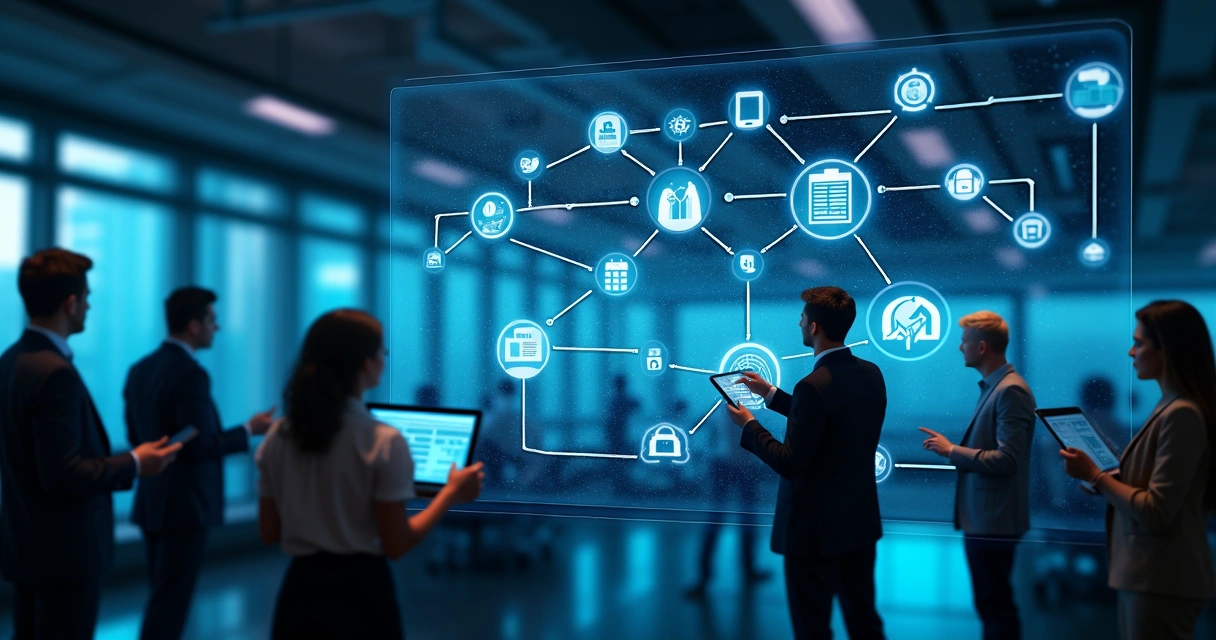 Ilustração detalhada de múltiplos sistemas conectados por APIs com gráficos e ícones empresariais em fundo tecnológico 