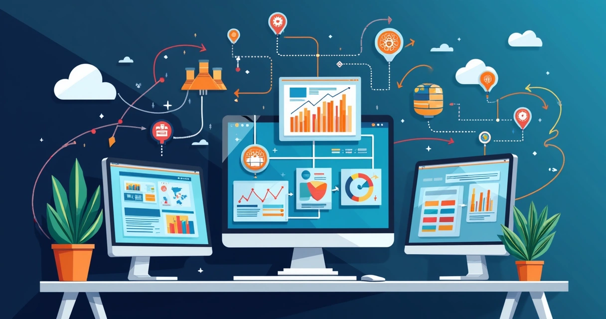 Painel de integração de sistemas mostrando ERPs, CRMs e mapas de rede 