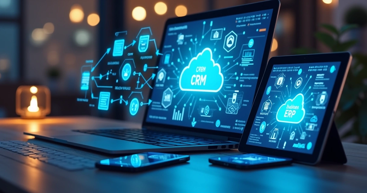 Interface gráfica mostrando integração de sistemas empresariais em nuvem, em diferentes dispositivos