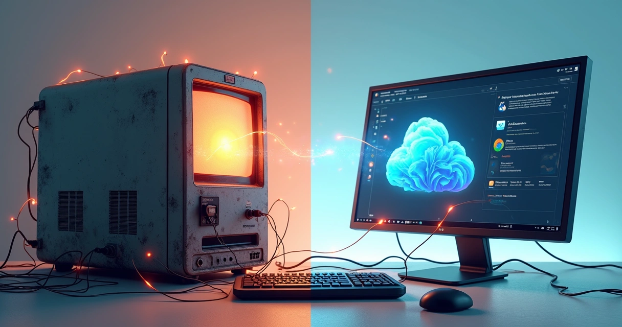 Representação de softwares conectados por fios entre computadores modernos e antigos 