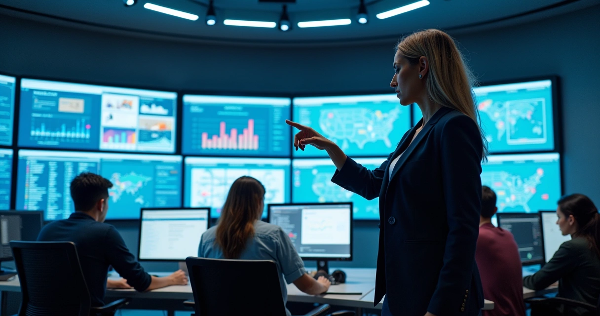 Equipe de tecnologia e atendimento analisando dados em múltiplas telas na sala de controle