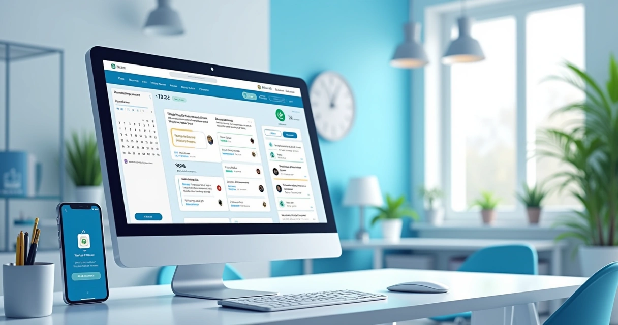 Tela de computador e smartphone mostrando integração digital de setores clínicos 
