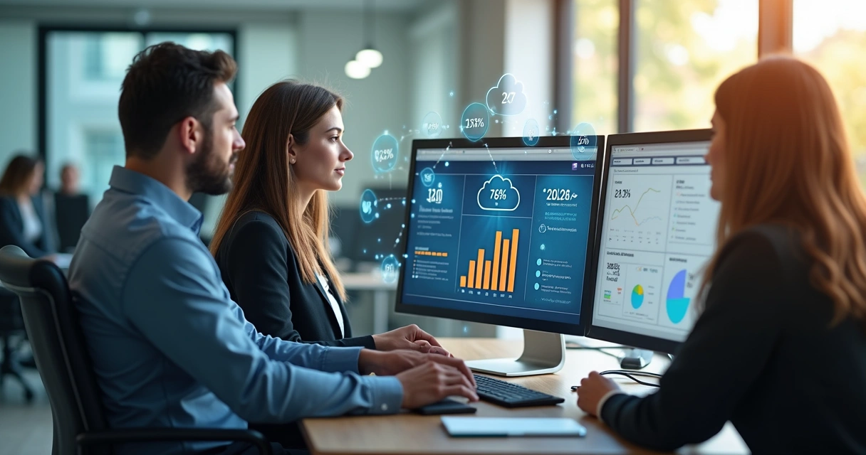 Equipe trabalhando em computadores conectados por gráficos digitais 