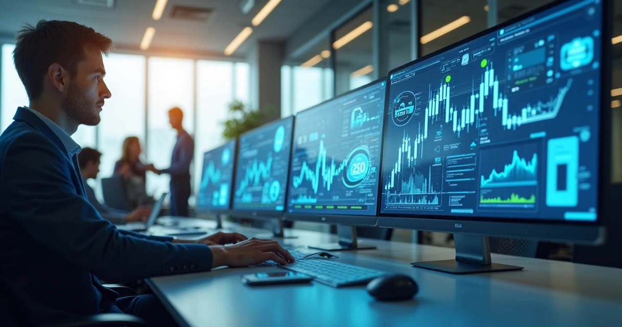 Computadores e telas mostrando interfaces digitais conectadas a bancos, corretores e cooperativas financeiras em ambiente corporativo moderno 