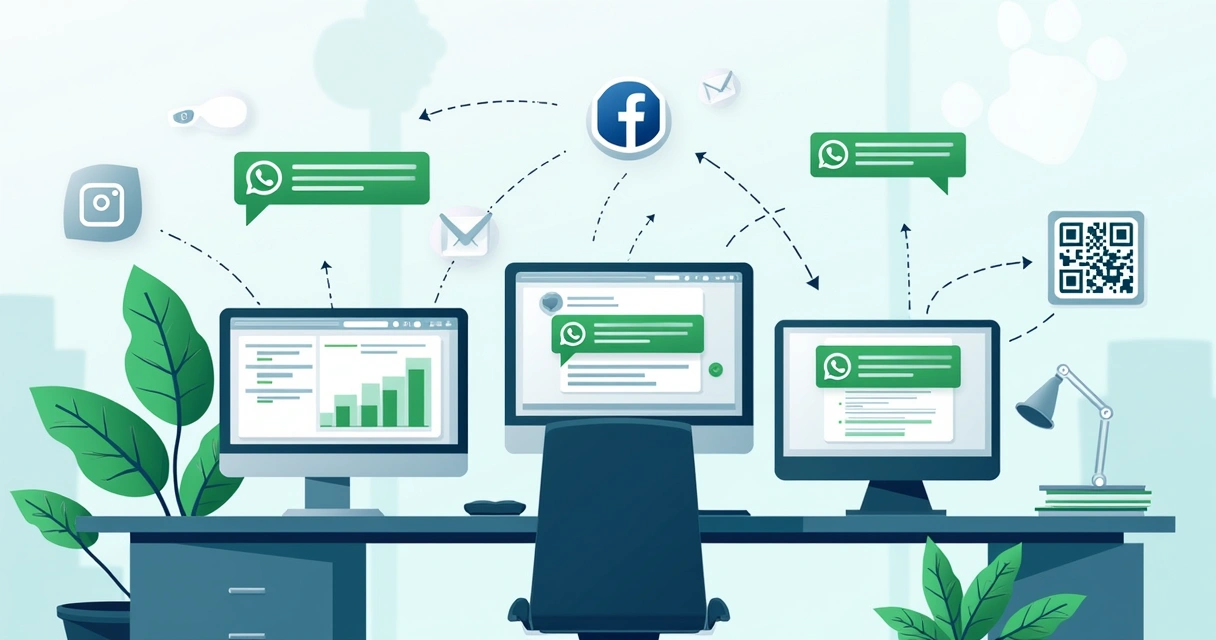 Ilustração de integração digital com WhatsApp, redes sociais e análise de dados