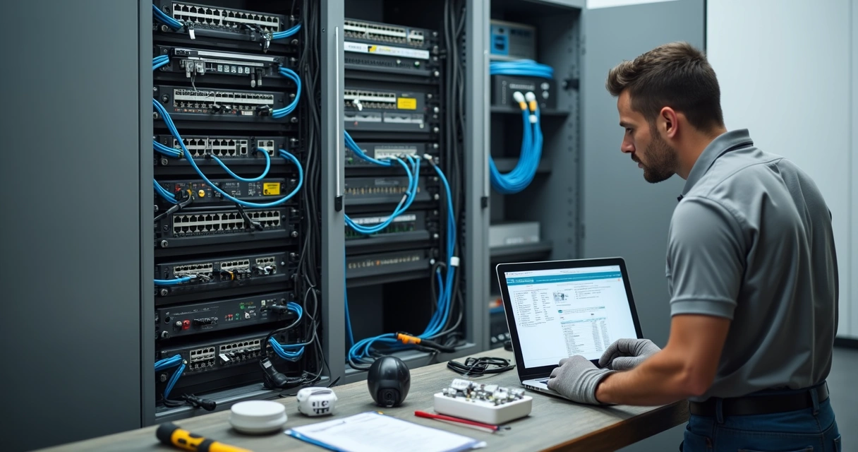 Instalador conectando novos dispositivos de segurança em rack de rede organizado 