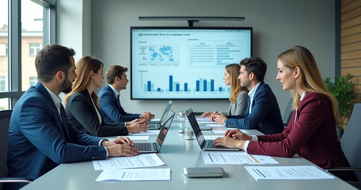 Reunião entre equipes de DP e RH com documentos e painel digital 