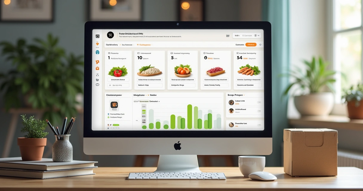 Tela de sistema e produto alimentício ao lado de embalagem para entrega
