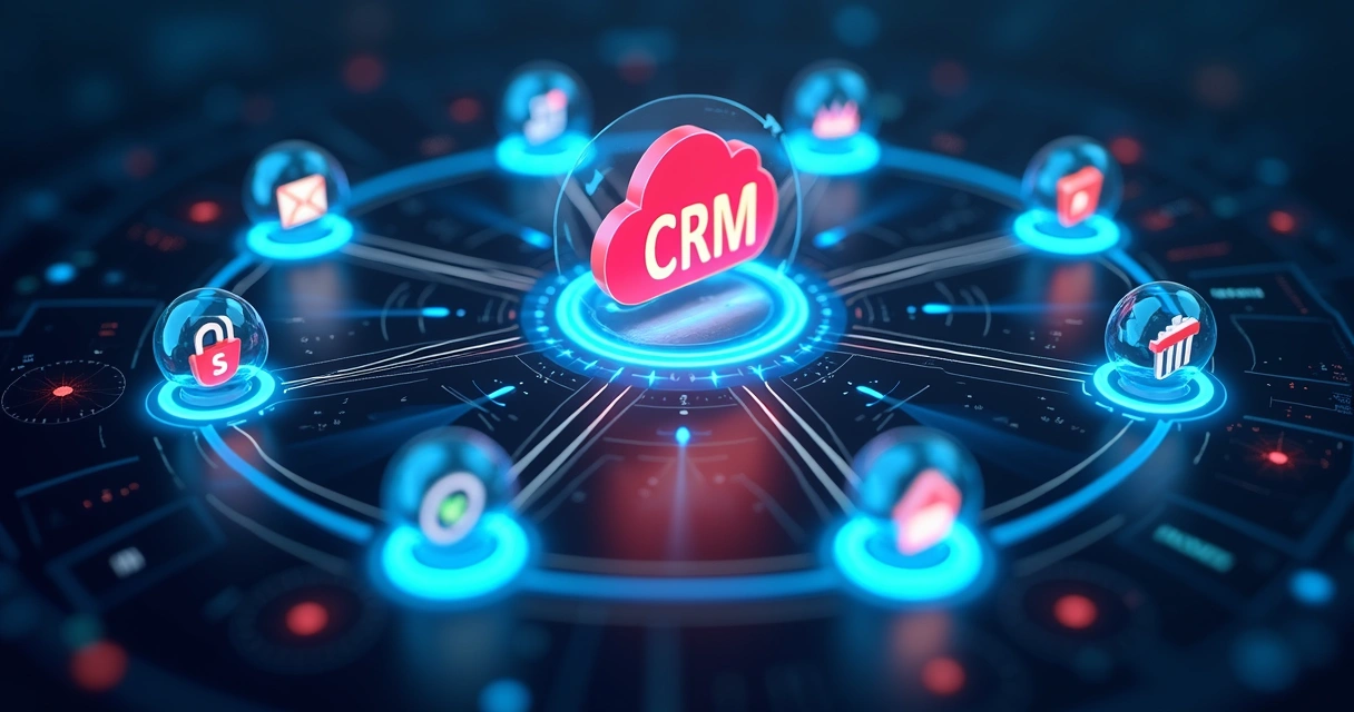 Ilustração de ecossistema integrado ao CRM com conexões de sistemas 