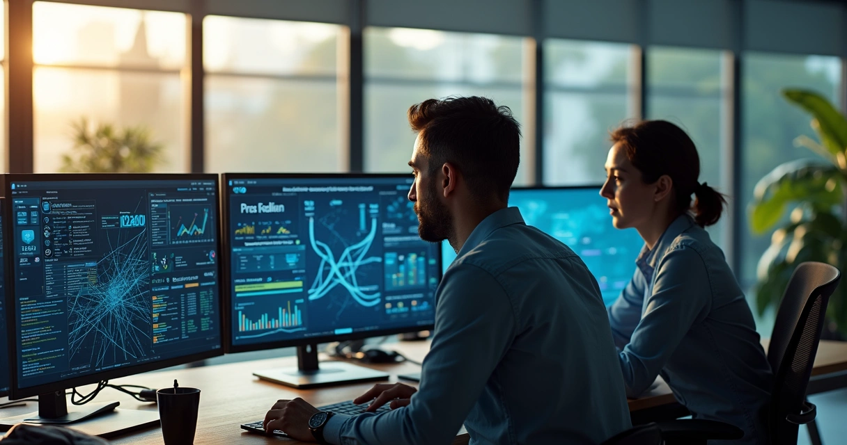 Equipe debatendo integração entre sistemas em escritório moderno 