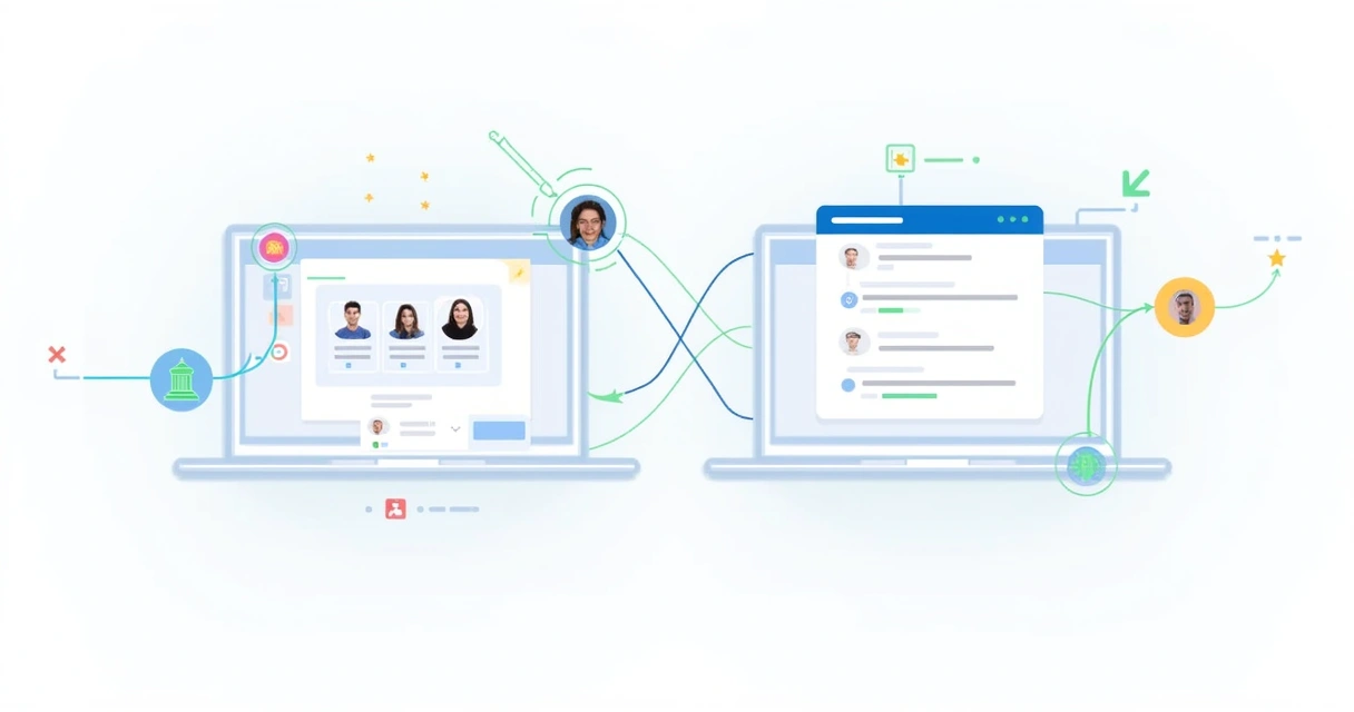 Telas de integração entre software de email marketing e CRM, com fios conectando os sistemas 