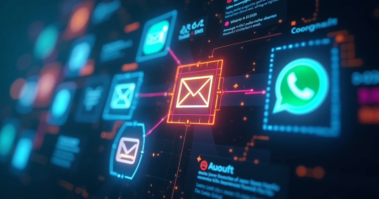 Tela mostrando integração de email, SMS e WhatsApp com ícones conectados 