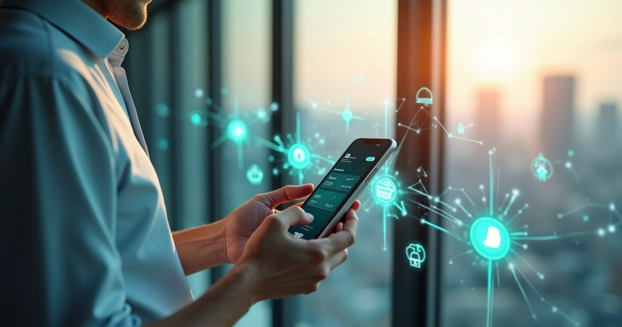 Profissional segurando smartphone com aplicativo financeiro integrado a diversos serviços empresariais 