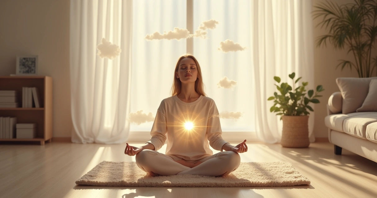 Pessoa de olhos fechados sentada em posição de meditação em ambiente tranquilo, com nuvens suaves e linhas de energia conectando coração e cabeça