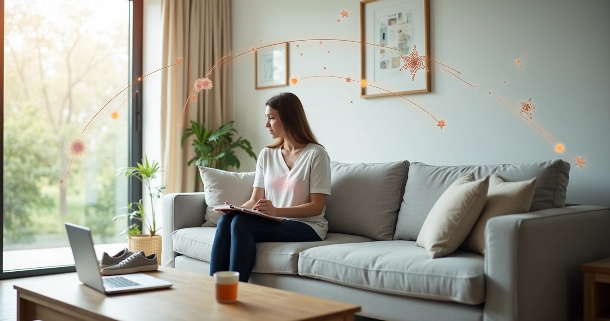 Pessoa refletindo em sala minimalista com elementos ligados por linhas coloridas 