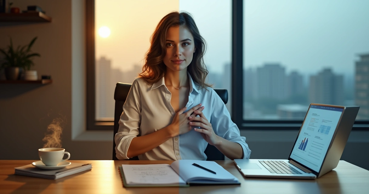 Profissional em escritório com luz dividida simbolizando integração entre emoção e consciência no trabalho 