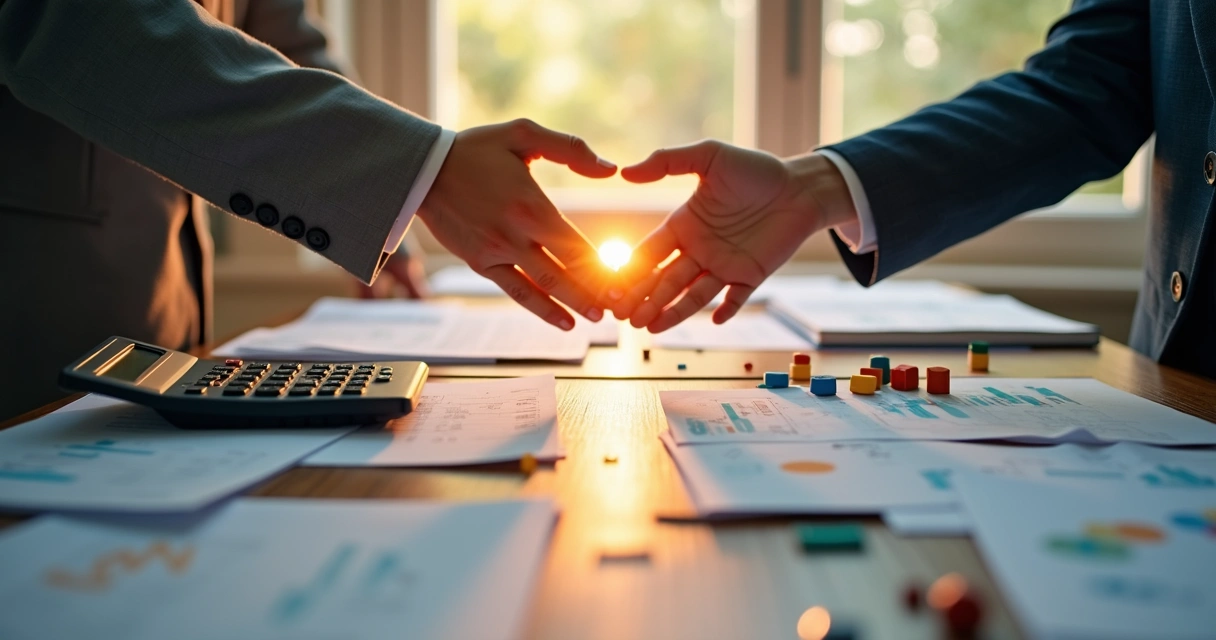 Mãos de duas pessoas diferentes se tocando simbolicamente ao centro de uma mesa, com papéis de cálculos de um lado e objetos coloridos representando emoções do outro 