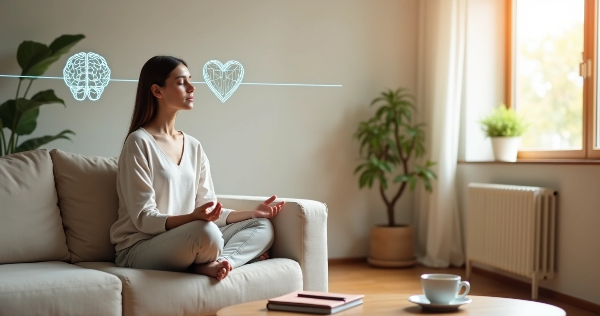 Pessoa meditando com ilustrações de cérebro e coração em equilíbrio 