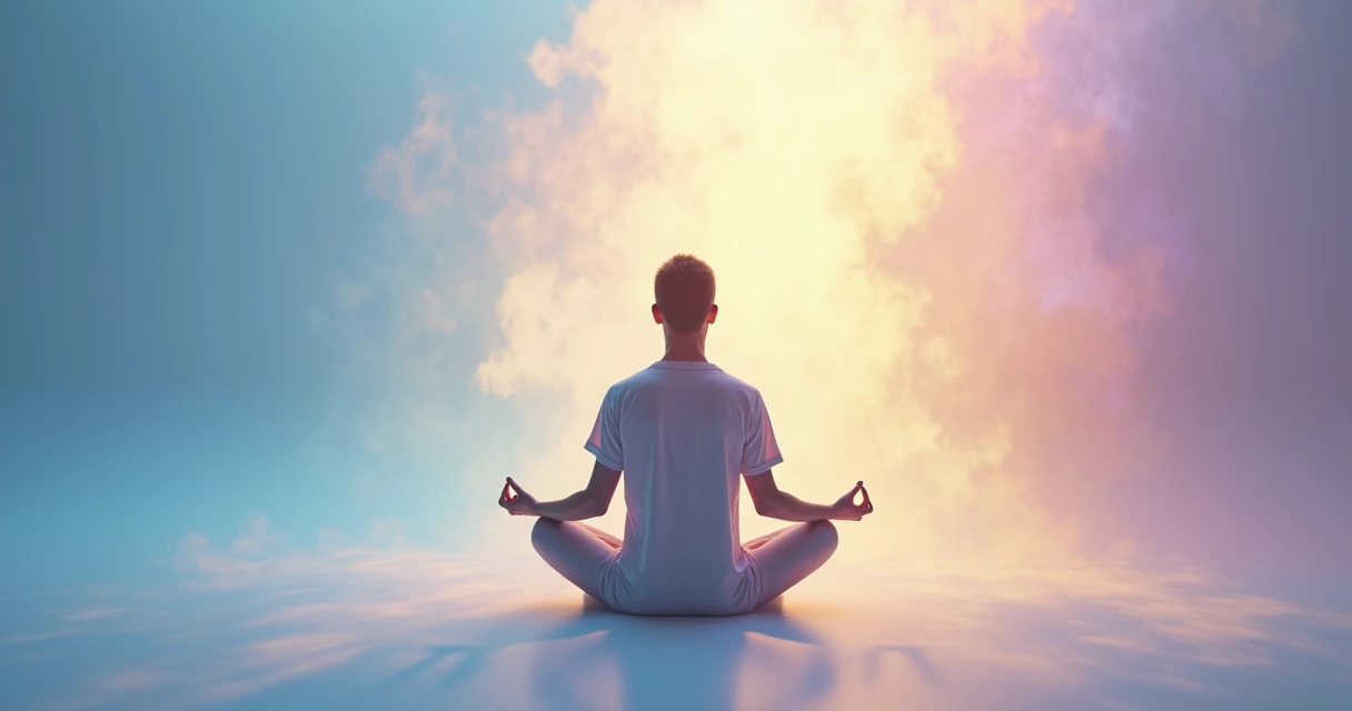 Pessoa sentada em posição de meditação refletindo, rodeada por cores suaves 