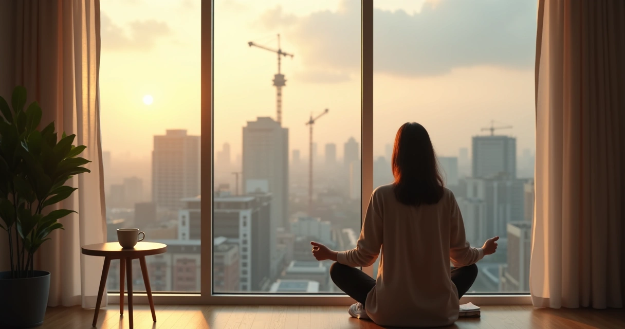 Pessoa sentada em silêncio diante de uma janela com cidade ao fundo, simbolizando integração emocional em tempos de crise 