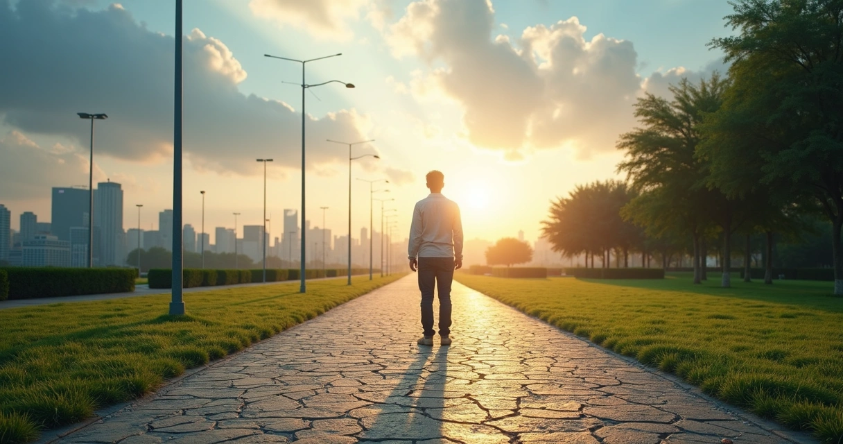 Pessoa em pé diante de caminho dividido entre caos e equilíbrio 