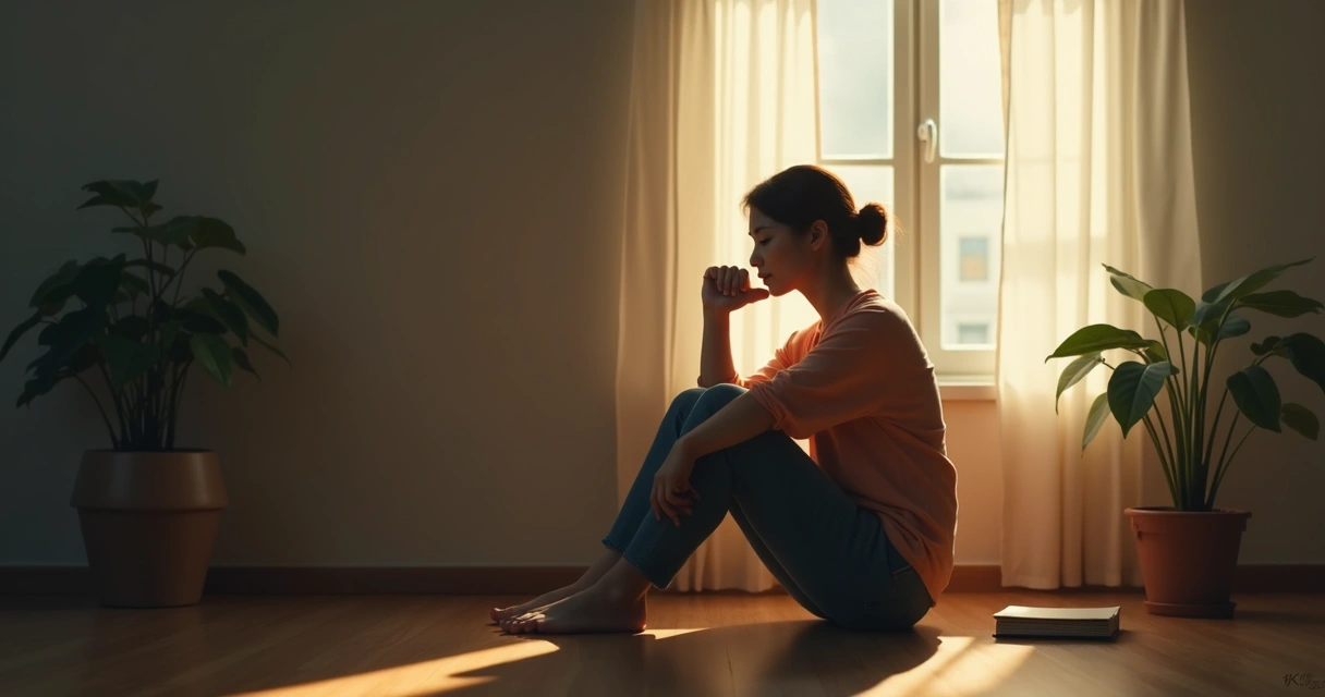 Pessoa sentada sozinha refletindo, com luz suave iluminando o rosto, ambiente calmo 