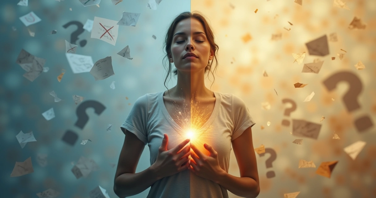 Pessoa dividida em dois lados integrando emoções conflitantes 