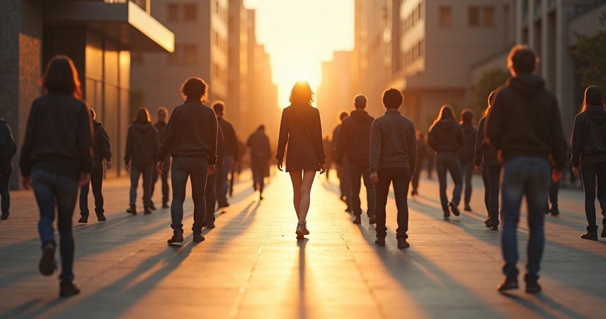 Pessoa caminhando entre silhuetas estáticas em uma cidade ao entardecer 