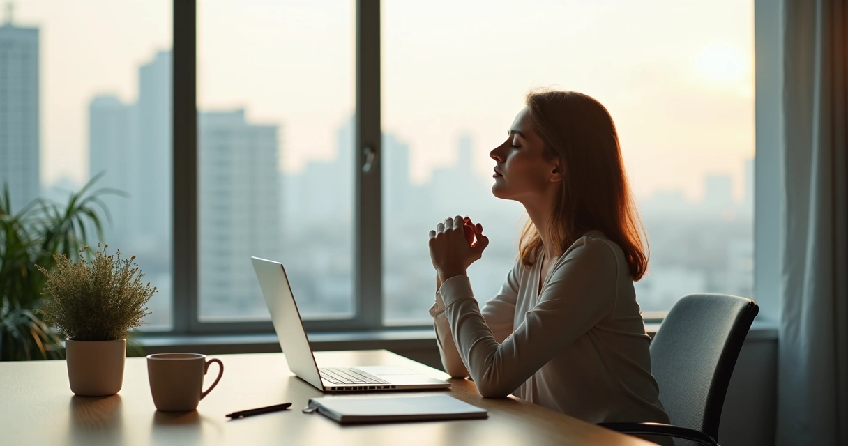 Profissional respirando com calma em mesa de trabalho organizada 