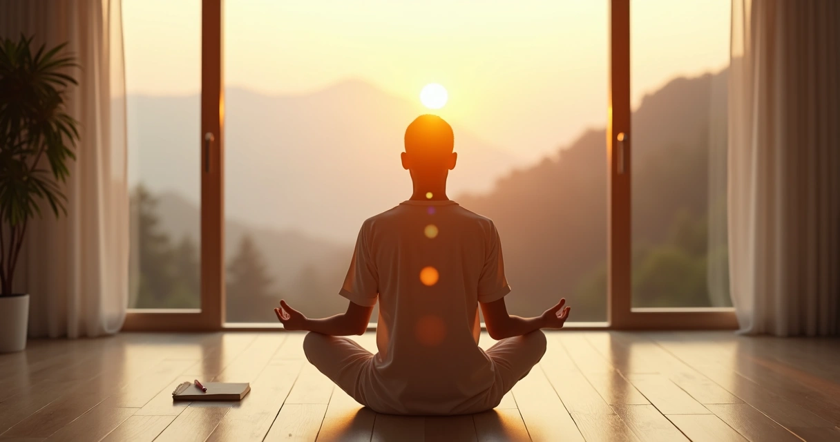 Pessoa em meditação com ilustrações de emoções integradas ao redor 