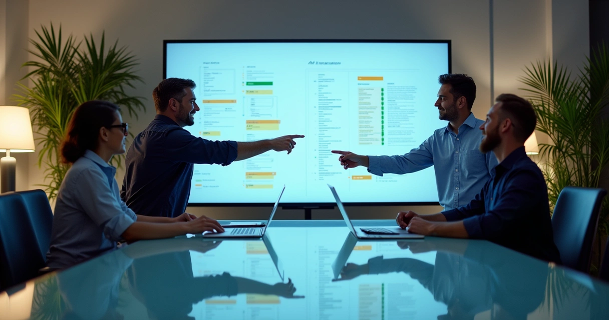 Equipe de negócios e desenvolvedores juntos discutindo integrações digitais 