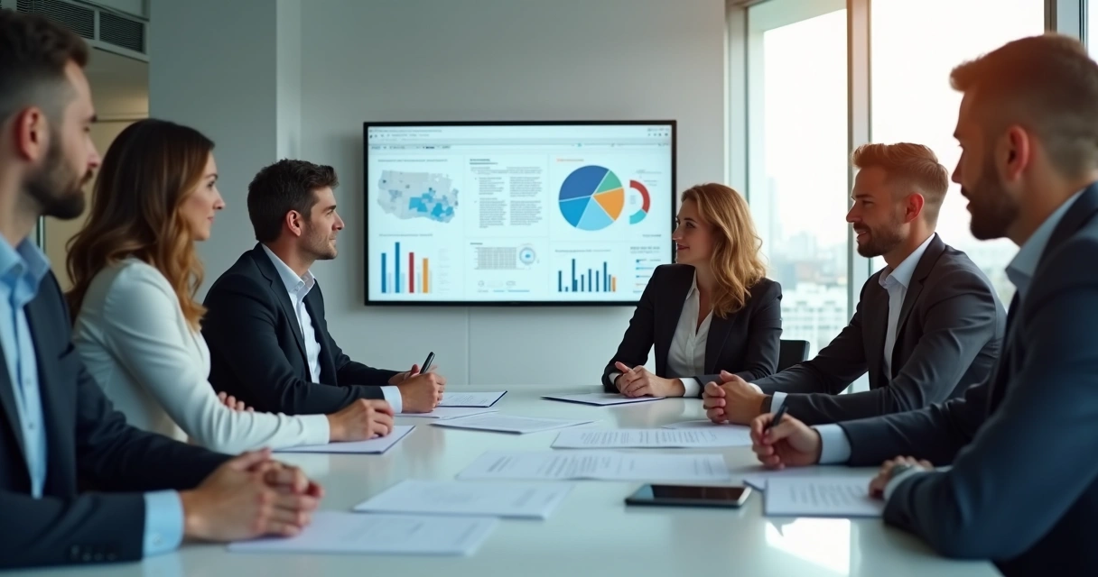 Executivos de diferentes empresas reunidos ao redor de uma mesa analisando papéis e planos de integração 