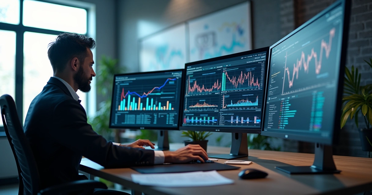 Profissional analisando múltiplas telas de computador com gráficos, tabelas e códigos de sistemas integrados em ambiente de escritório moderno e iluminado 