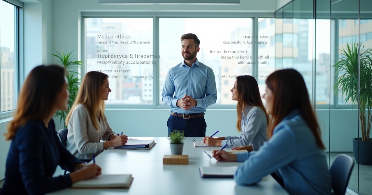 Equipe em integração com valores éticos na parede