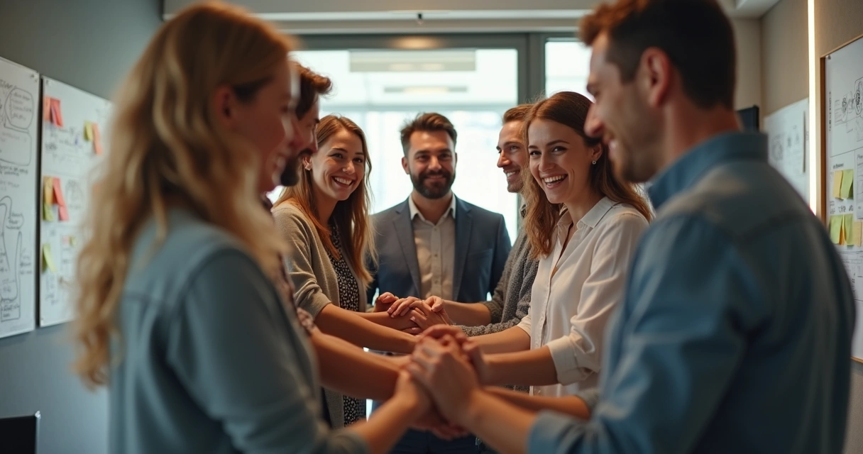 Equipe sorrindo unida de mãos dadas após dinâmica 