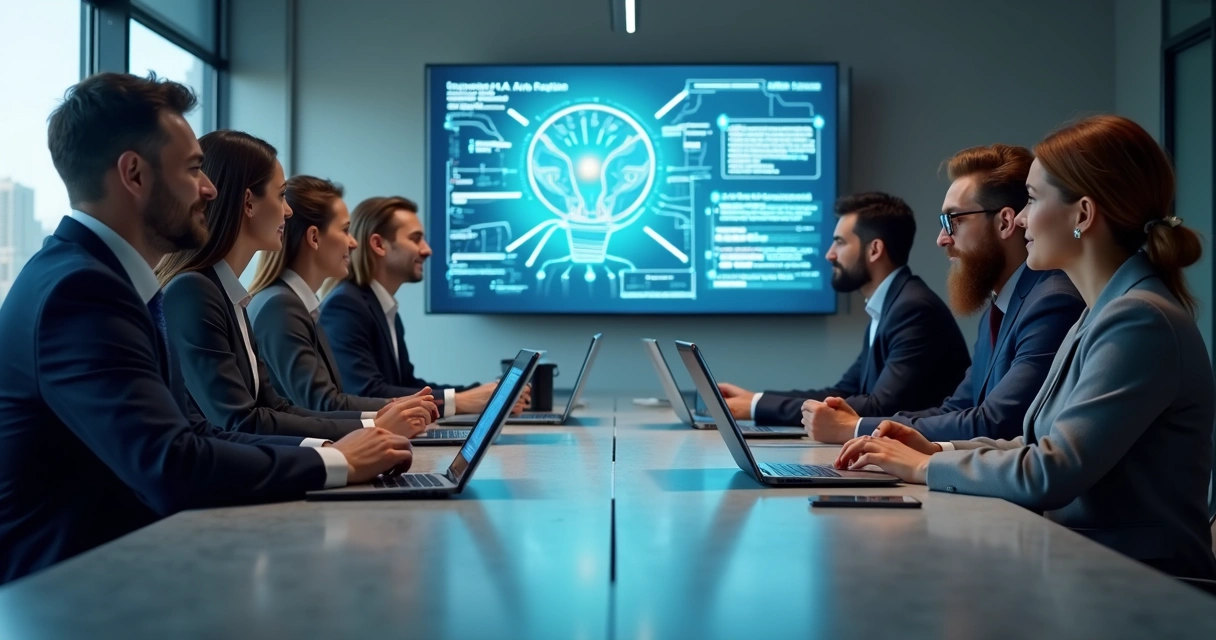 Colaboradores em sala de reunião debatendo integração da IA 
