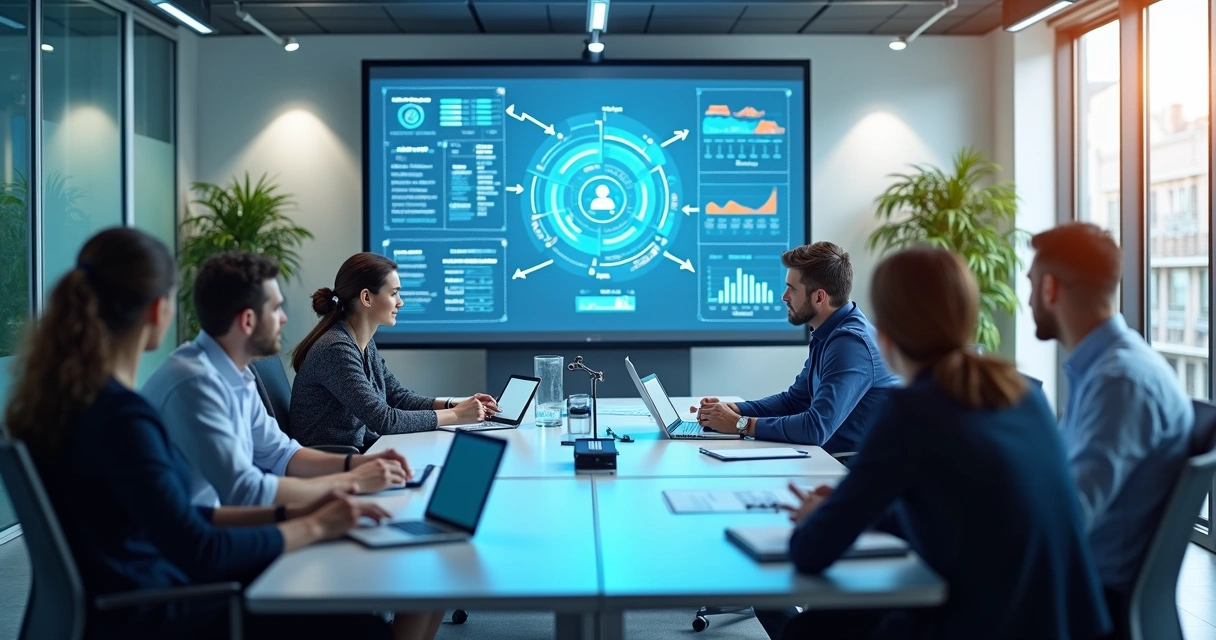 Equipe discutindo integração de marketing, vendas e produto ao redor de uma mesa, com gráficos conectando áreas 