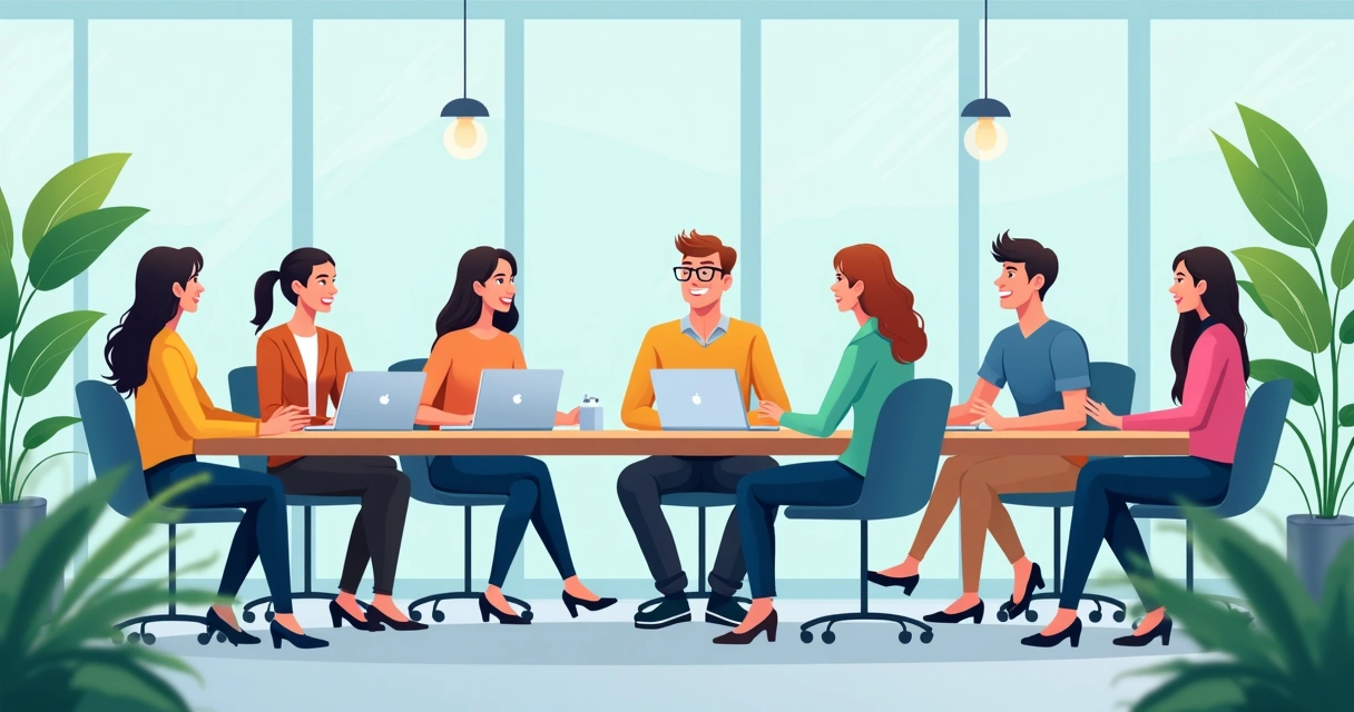 Equipe reunida em círculo, conversa animada e ambiente moderno 