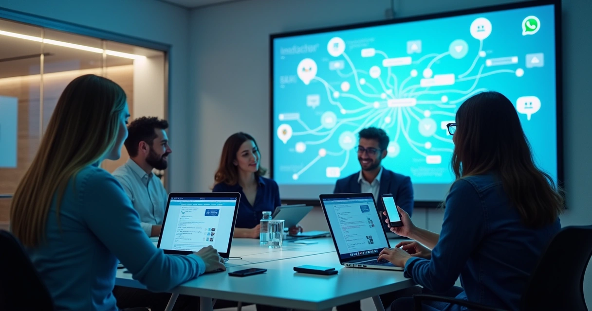 Equipe de vendas B2B usando integração WhatsApp em ambientes distintos 