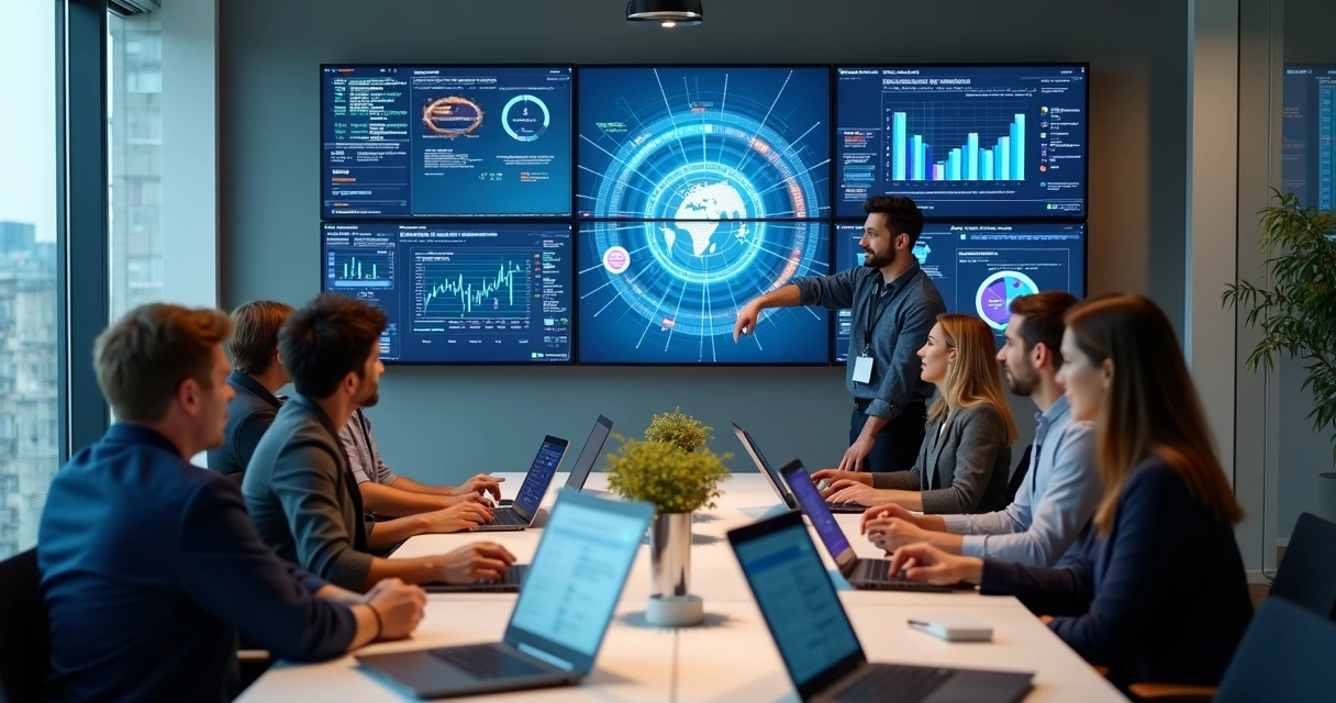 Equipes de setores diferentes reunidas em sala de reunião, laptops exibindo gráficos e dashboards conectados