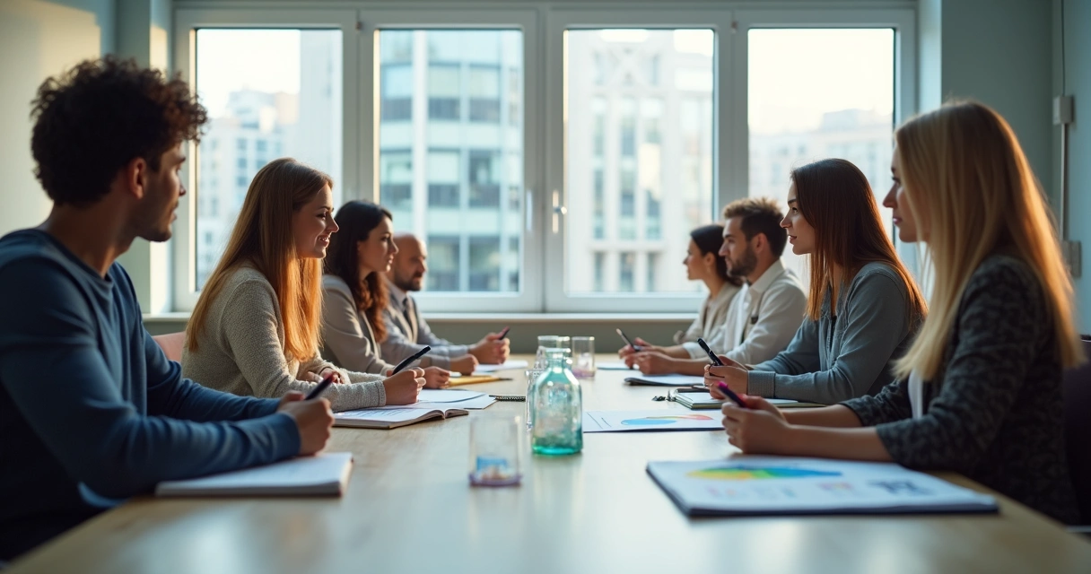 Reunião de times de empresas diferentes em processo de integração, ao redor de uma mesa de reunião, trocando papéis e ideias 